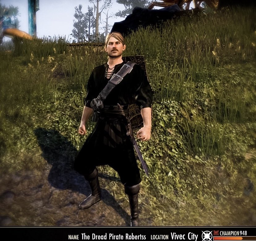 So I talked about it in our latest <a href="/TalesofTamriel/">Tales of Tamriel by UESP | An Elder Scrolls Show</a> episode, but after 7 years it finally happened…Thanks to the pirate mask in <a href="/TESOnline/">The Elder Scrolls Online</a> new crown crates, my #DreadPirateRoberts is complete! 
What a good looking dude amiright?! 
😍🖤🏴‍☠️

#ESOFam #TESO