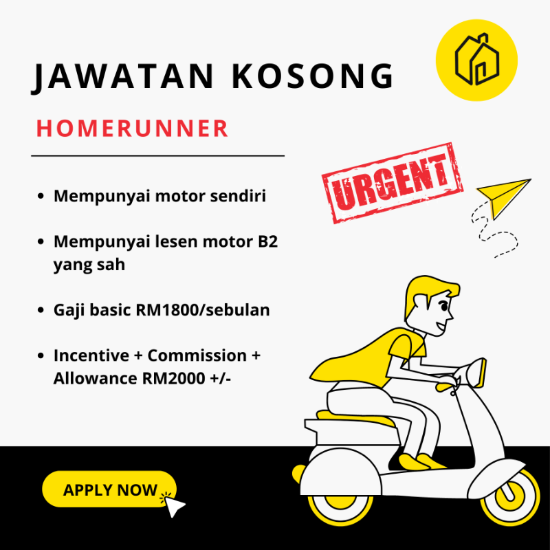 speedhomemy's tweet photo. [𝐆𝐚𝐣𝐢 𝐩𝐨𝐤𝐨𝐤 𝐑𝐌𝟏,𝟖𝟎𝟎/𝐛𝐮𝐥𝐚𝐧 + 𝐊𝐨𝐦𝐢𝐬𝐞𝐧]

Pengambilan Homerunner SPEEDHOME kini dibuka!

✅ Gaji pokok RM1,800/bulan
✅ Elaun telekomunikasi
✅ Komisen tempahan
✅ Elaun kehadiran dan banyak lagi!

#speedhome #hiring #homerunner #jawatankosong