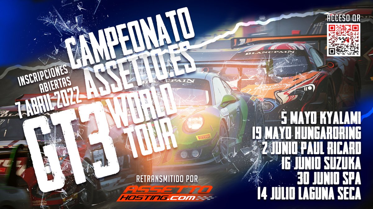 Assetto_es's tweet photo. 🚨Esta tarde abrimos inscripciones!

A las 20:00h podrás apuntarte a un nuevo Campeonato GT3

Se vienen novedades!

📺Retransmitido por #assettohosting https://t.co/UWBy2ccQYc