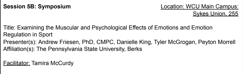 apfriesen's tweet photo. Excited to present "Examining the muscular and psychological effects of emotions and emotion regulation in sport" at #NASP2022 with @dani_king24 , @tyler_mcgrogan  and @pmorrell51 https://t.co/FYuIQ9Fefm