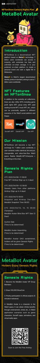 NFTonShow Genesis Rights Plan is coming!

Assemble your first virtual avatar in Metaverse and enjoy the Rights!
MetaBot Avatar is a metaverse avatar based on MetaID, the symbol of Web3 advocates. 

Free NFT Airdrop is Coming Tomorrow! Stay tuned! metabot.world/avatar/airdrop/