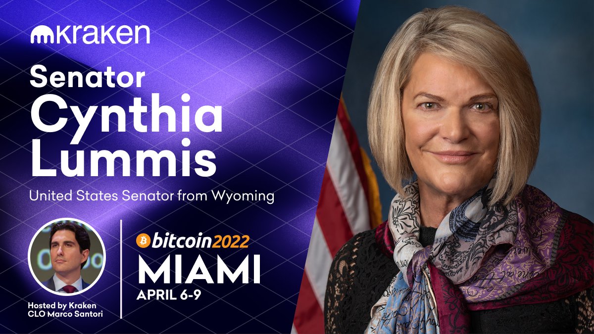 🔥 Live at #Bitcoin2022🔥

Kraken’s Chief Legal Officer <a href="/msantoriESQ/">Marco Santori</a> hosts a fireside chat on the Nakamoto Stage with U.S Senator, Wyoming <a href="/SenLummis/">Senator Cynthia Lummis</a> on Friday, April 8 at 3 pm ET. 

Get more details👇 b.tc/conference/age… <a href="/TheBitcoinConf/">The Bitcoin Conference</a>