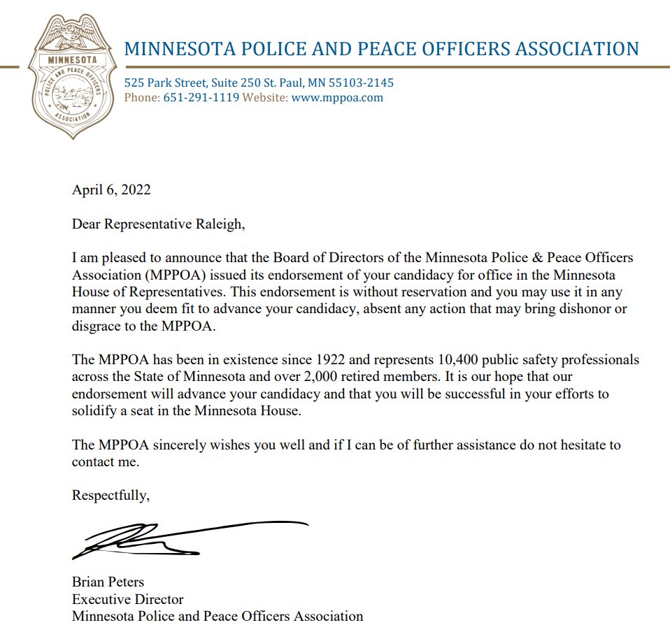 donaldraleigh's tweet photo. I am humbled and excited to announce that the Board of Directors of the #MPPOA has endorsed my candidacy for office in the Minnesota House of Representatives. We can not simply say we #backtheblue, our policies must reflect this as well. #mnleg #ourawesomecommunity https://t.co/YDfMDirbWD