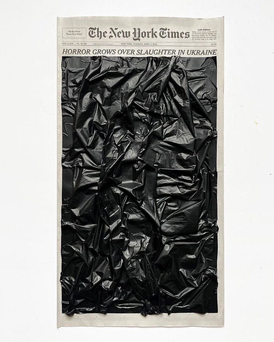 American artist Sho Shibuya, who reimagines the front pages of The New York Times, has published a new work in response to the #BuchaMassacre. This time, Shibuya stylized the page with a black plastic bag used to wrap up the bodies of killed civilians. #StopRussia