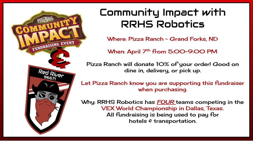 RRHSRobots's tweet photo. Tonight’s the NIGHT!!! Come get some pizza and support some awesome kids! Plus they have a Fun Zone for kids! @RRHSactivities @GFSchools @GFisCooler #RED https://t.co/FOvPoXbHfF