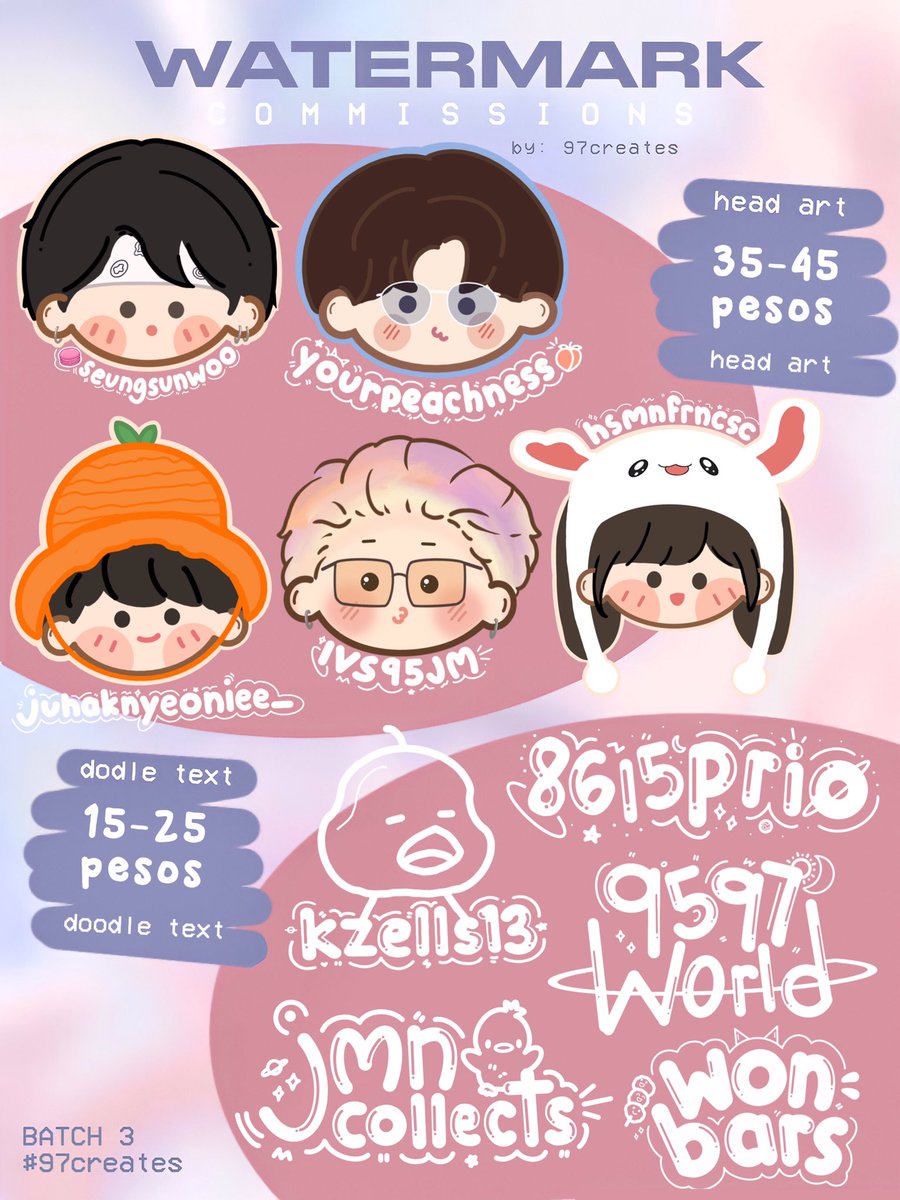 97creates's tweet photo. ꒰ #97creates ꒱ watermark commissions BATCH 3
⤿ NOW OPEN .ᐟ
𓏔 limited slots only
𓏔 open to all fandoms
𓏔 read the t&c on the thread!
𓏔 check #97creates for feedbacks!
✸ dm now to avail !
𖥻 wts lfb digital watermark commissions kpop bns https://t.co/b4qgqLiG58