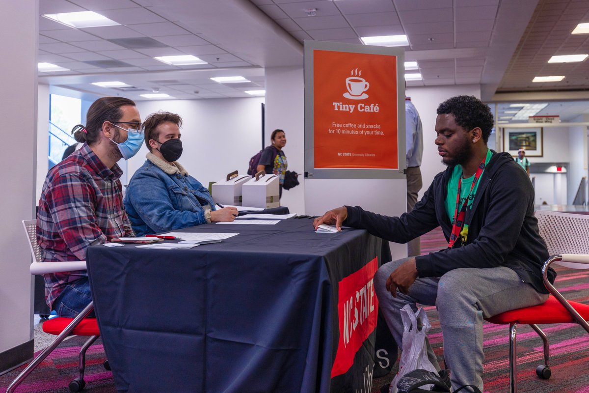 Our first Tiny Café <a href="/ncsulibraries/">NC State University Libraries</a> since 2020. Good to be back! @ColinRNickels, Gabriel Israel, and Andreas Orphanides led a card sorting exercise to learn if our words make sense to users. #UX #usability #UserResearch