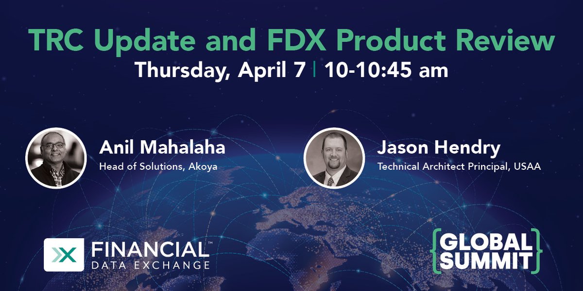 Don’t miss <a href="/FDXOrg/">FinancialDataExchange</a> 's Technical Review Committee update and product review with our own <a href="/MahalahaAnil/">Anil Mahalaha</a>  &amp; Jason Hendry of  <a href="/USAA/">USAA</a> at the #FDX Global Spring Summit TODAY at 11 am eastern/10 am central. Register here: bit.ly/372qInK
#FDXGlobalSummit #FDXAPI