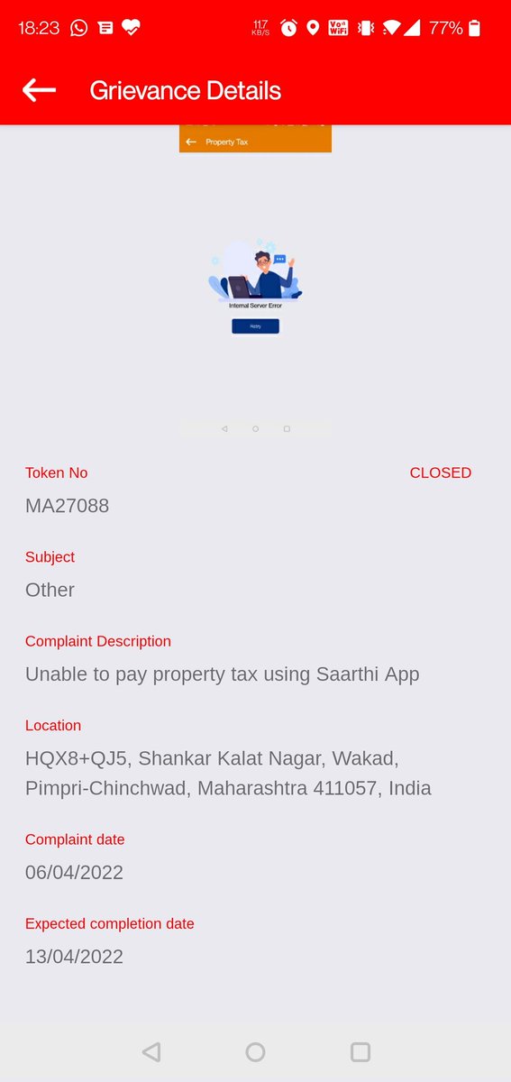 kpreet88's tweet photo. @PCMCSarathi 
Unable to pay Property Tax via Saarthi App. When raised a complaint, the ticket was closed in 24hours without any feedback.
Plz see below screenshots and assist. https://t.co/vMcMqv8ypE
