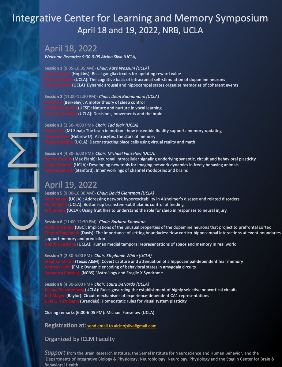 Please remember to register for the incredible in person 2 day Integrative Center for Learning and Memory Symposium at UCLA on April 18 and 19 2022. Registration is FREE but required: iclm.ucla.edu/events/2022SCL…