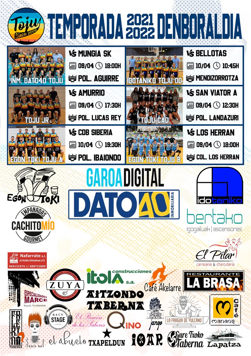 🔜 Próxima jornada
🏀 Segunda nacional femenina - A1: Jornada 6
⛹️‍♀️ Inmobiliaria DATO40 Toju 🆚 Mungia SK
🗓️ Sábado 9 - 18:00H 🏟️ Pol. J.A. Aguirre (Mungia)

🏀 Senior primera femenina: Jornada 19
⛹️‍♀️ <a href="/Idotaniko/">Idotaniko®</a> Toju 00 🆚 Bellotas
🗓️ Domingo 10 - 10:45H 🏟️ Pol. Mendizorrotza