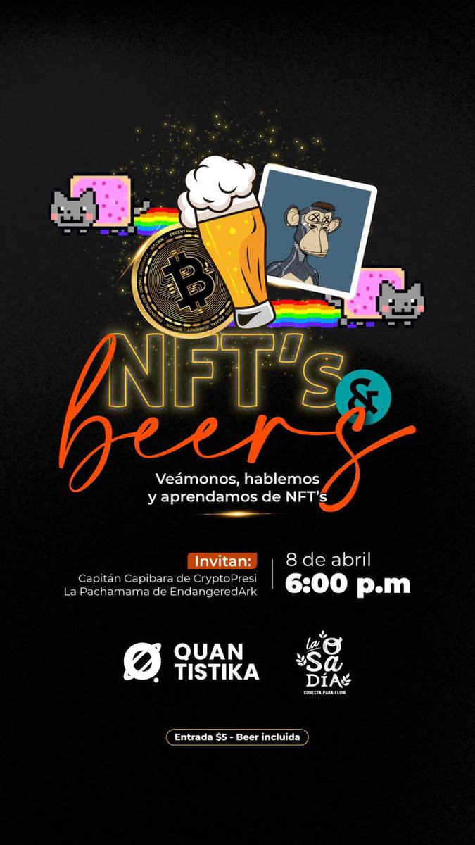 gbbymendez's tweet image. ¡Mañana NFTs&amp;amp;Beers!
Si sos curioso, entusiasta, coleccionista, inversor o artista y querés saber más…tomémonos una beer y hablemos de NFTs.

Lugar: La Osadía en @BambuCityCenter 
Hora: 6:00pm
Cover: $5.00 (incluye 1 beer)