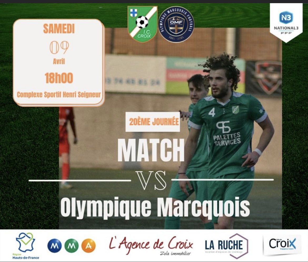 ⚽️ 𝙈𝙖𝙩𝙘𝙝 𝙙𝙪 𝙬𝙚𝙚𝙠-𝙚𝙣𝙙 - 𝙉𝙖𝙩𝙞𝙤𝙣𝙖𝙡 3 ⚽️

🏆 National 3
🗓 20ème journée
🆚️ Olympique Marcquois
⌚️ 18h00
🏟 Complexe sportif Henri Seigneur
🎟️ Tarif : 5 € tribune et 3 € pourtour, gratuit -16 ans &amp; Licenciés

𝙰𝙻𝙻𝙴𝚉 𝙻’𝙸𝚁𝙸𝚂🟢⚪️