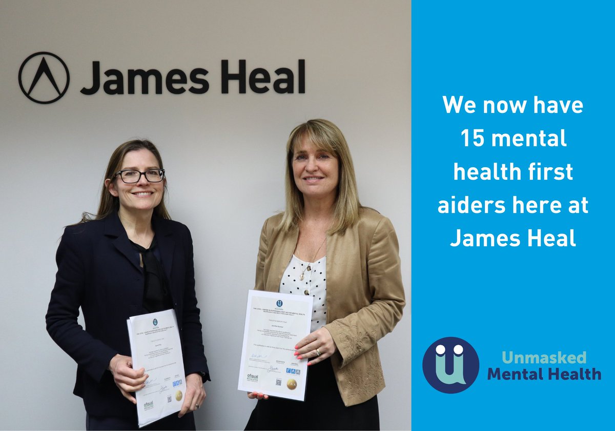 ▪️World Health Day ▪️

Congratulations Sarah and Jenny on qualifying as a Level 3 Mental Health First Aider through <a href="/Unmasked_MH/">Unmasked Mental Health</a>, that makes 15 mental health first aiders here at James Heal and counting!

#worldhealthday #mentalhealth