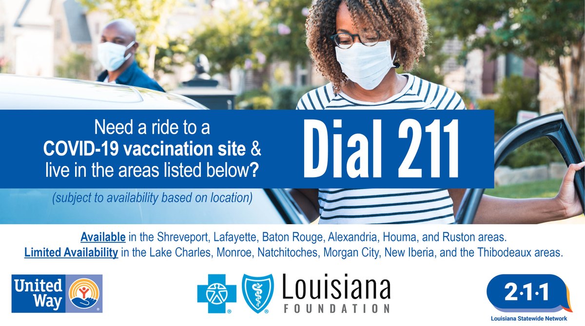 Louisiana 211 (@louisiana211) on Twitter photo 📞 Dial 211 to schedule your FREE ride to get your COVID-19 vaccination, provided by <a href="/lyft/">Lyft</a>.
<a href="/Louisiana211/">Louisiana 211</a> & <a href="/BCBSLAFound/">BCBSLA Foundation</a> proudly partner to bring you the Ride United Vaccine Access Campaign. (All rides are subject to availability based on location.) 📞 Dial 211 to schedule your FREE ride to get your COVID-19 vaccination, provided by <a href="/lyft/">Lyft</a>.
<a href="/Louisiana211/">Louisiana 211</a> & <a href="/BCBSLAFound/">BCBSLA Foundation</a> proudly partner to bring you the Ride United Vaccine Access Campaign. (All rides are subject to availability based on location.)