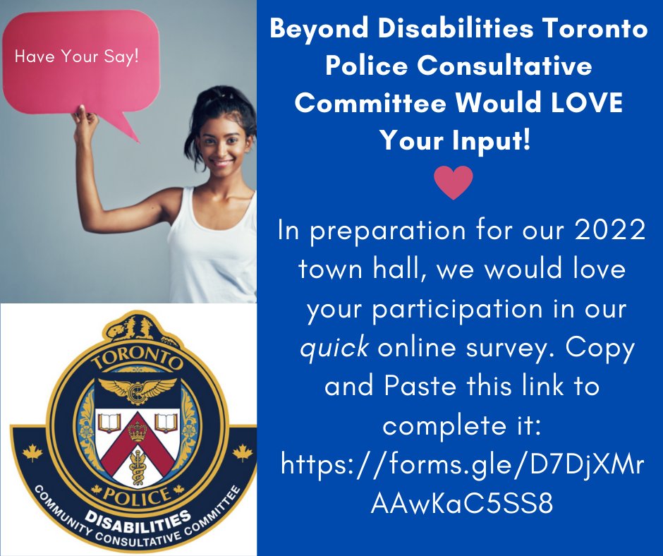 Mark McCabe (@irishtpscop) on Twitter photo Our <a href="/TorontoPolice/">Toronto Police</a> Beyond Disabilities Community Consultative Committee is planning a town hall meeting for Fall 2022.
We'd like your feedback on what is important to YOU.
Please consider sharing/take a moment to let us know your thoughts here: bit.ly/3xb12Aj
Thank you! Our <a href="/TorontoPolice/">Toronto Police</a> Beyond Disabilities Community Consultative Committee is planning a town hall meeting for Fall 2022.
We'd like your feedback on what is important to YOU.
Please consider sharing/take a moment to let us know your thoughts here: bit.ly/3xb12Aj
Thank you!