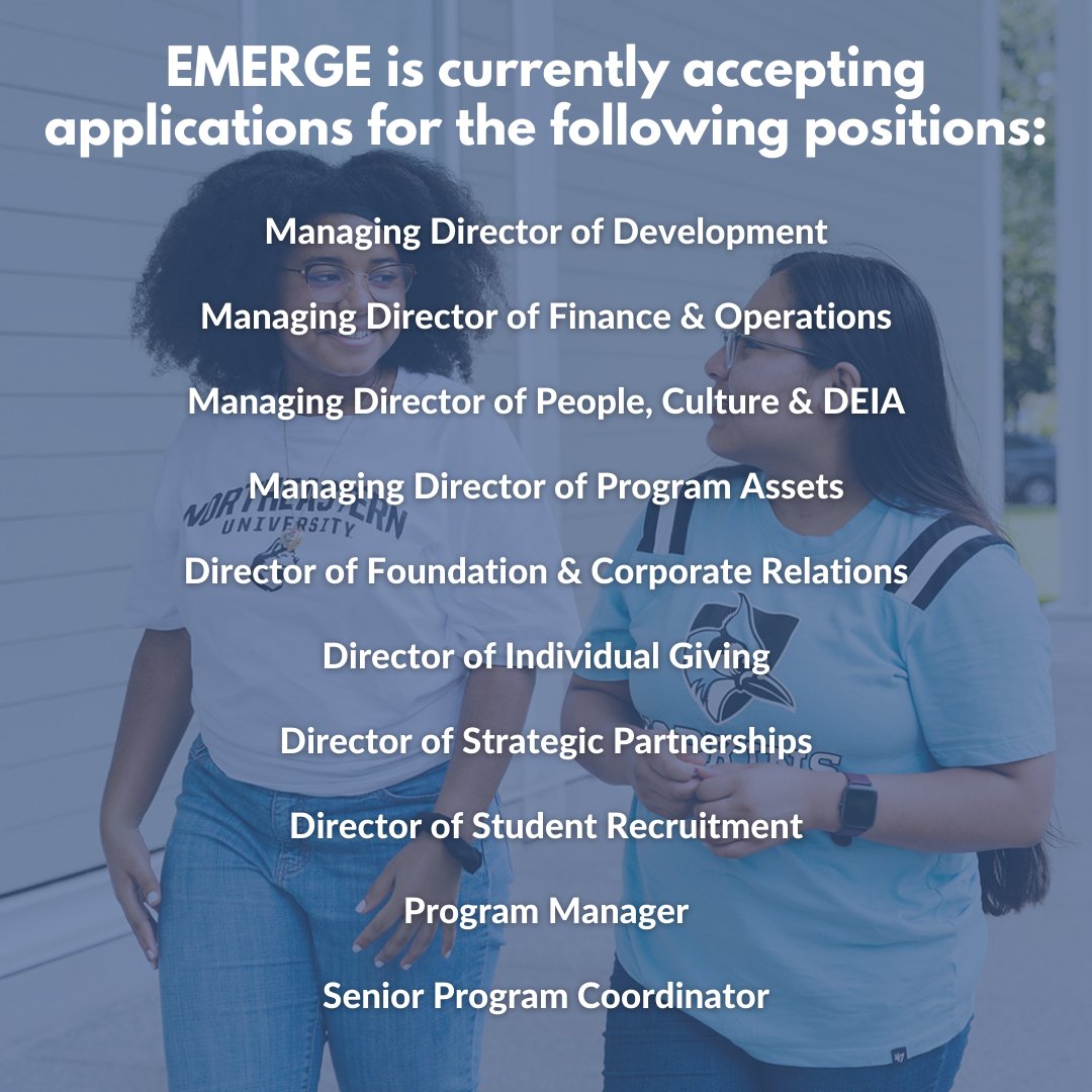 Did you know? Almost 70% of EMERGE employees identify as first-generation college graduates. At EMERGE, Talent Mobilizes Us. We value the impact of team members who share identities and experiences with our students. We are hiring! To apply visit www.emergefellowship/careers.org.
