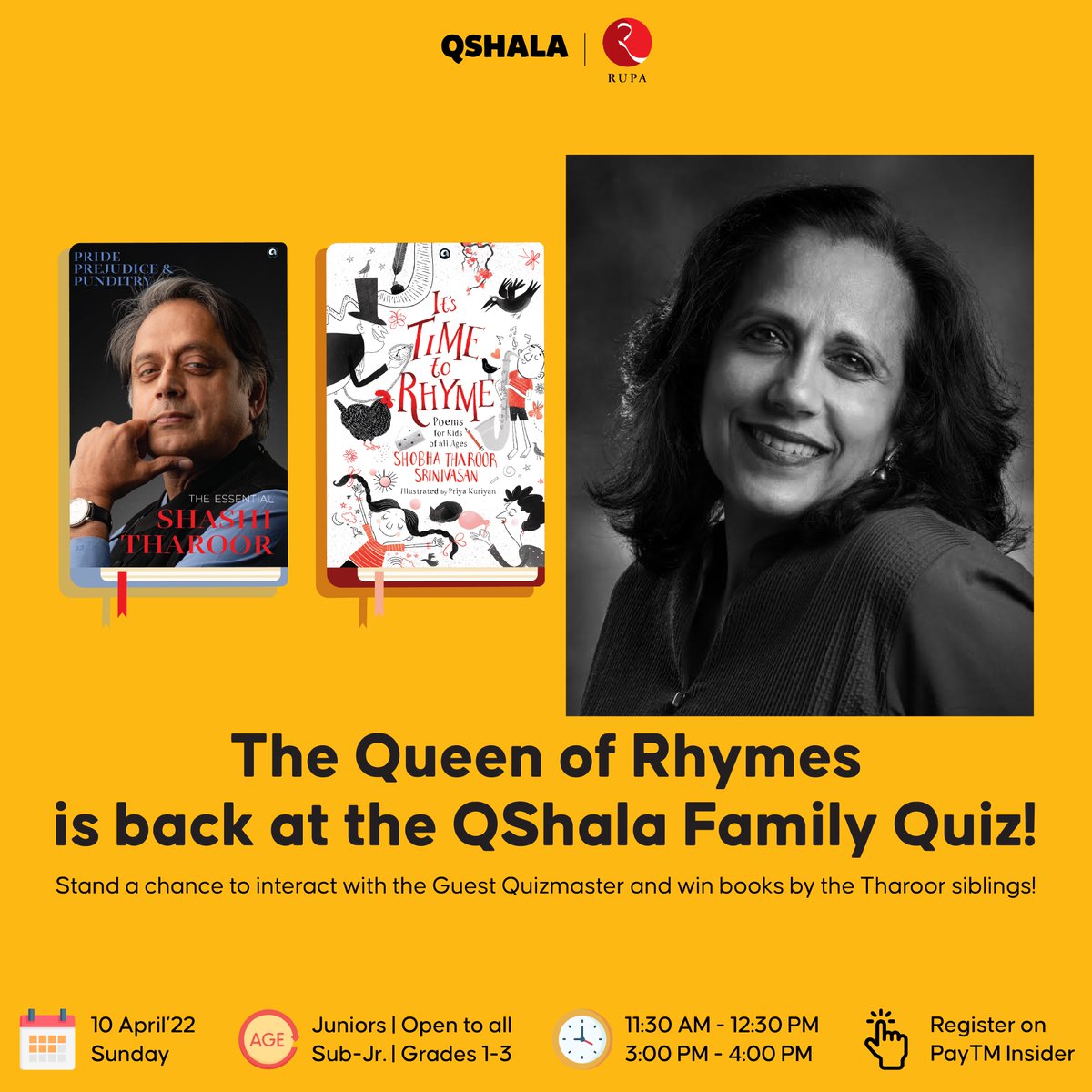 QShalaOnline's tweet photo. This Sunday #family #quiz is all about #books by the #Tharoor siblings, @ShashiTharoor &amp; @ShobhaTharoor.

In association with @Rupa_Books and @AlephBookCo.

Stand a chance to interact with the #queen of Rhymes herself.

Register here- https://t.co/UA8rTrqt9W https://t.co/IDv0HyeANZ