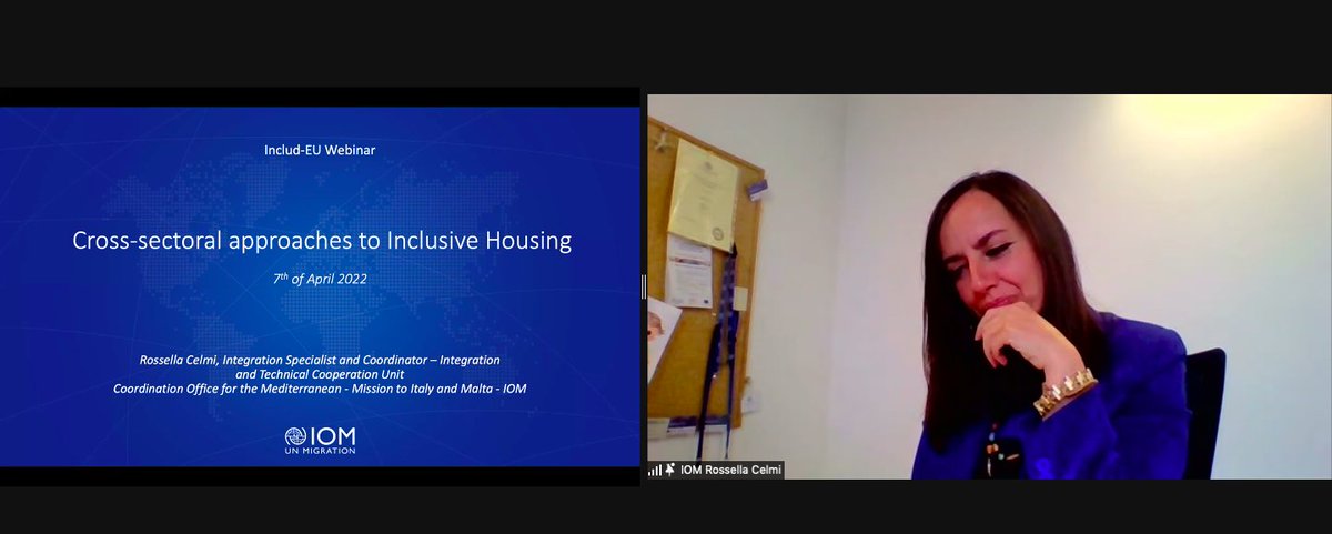 Rossella Celmi, Project Manager at <a href="/OIMItalia/">OIM Mediterraneo 🇺🇳</a>, greets participants to our <a href="/Includ_EU/">Includ-EU</a> mutual learning webinar to discuss possible solutions to housing as “a precondition to the enjoyment of other rights, such as employment and education opportunities.” #InterculturalRegions #IAMIF