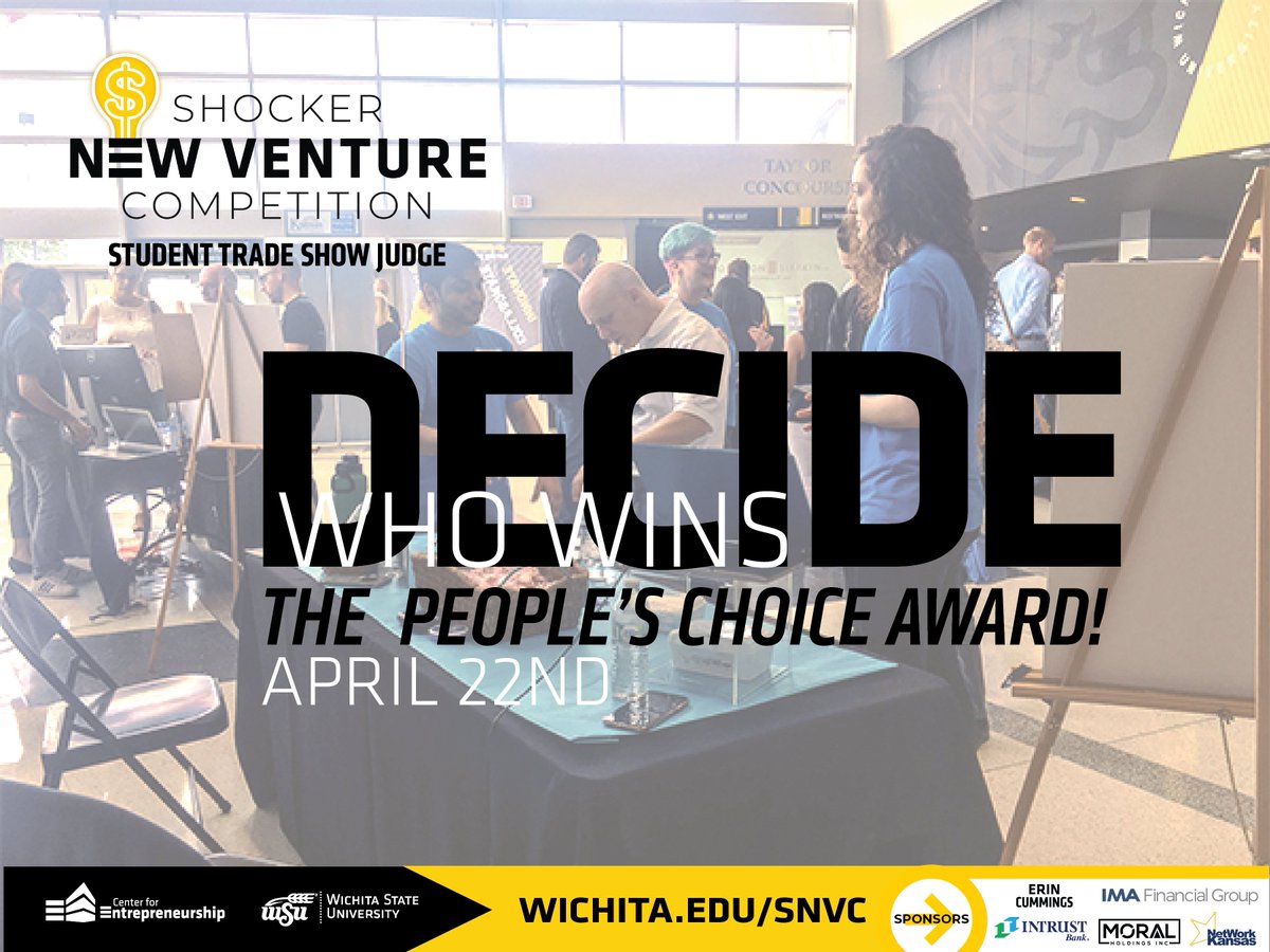 Discover the innovative problem-solving of students seeking to advance their business ideas.

#ShockerNation cast your vote on April 22 to decide who wins the People's Choice Award! 

Sign up today to be a student judge!
wichita.edu/snvc