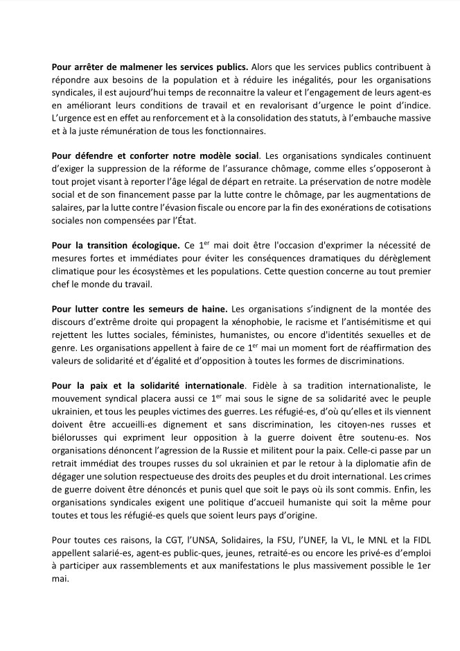 lacgtcommunique's tweet photo. communiqué commun CGT, UNSA, Solidaires, FSU, UNEF, VL, MNL et FIDL appelant les salarié.e.s, agent.e.s public.que.s, jeunes, retraité.e.s et privé.e.s d’emploi à participer aux rassemblements et aux manifestations le plus massivement possible le 1er-Mai prochain. https://t.co/UsbsRDeupP