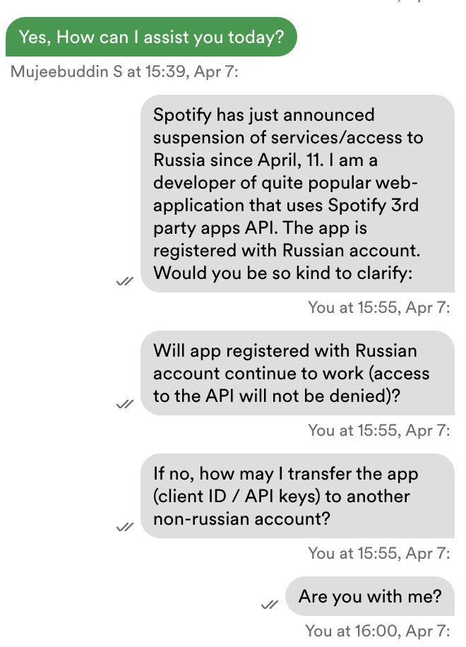 SpotifyUncharRU's tweet photo. Золотой уровень поддержки @SpotifyRussia, просто дно. Не думаю, что им удастся вернуться сюда второй раз. https://t.co/6qNR5Ortvt