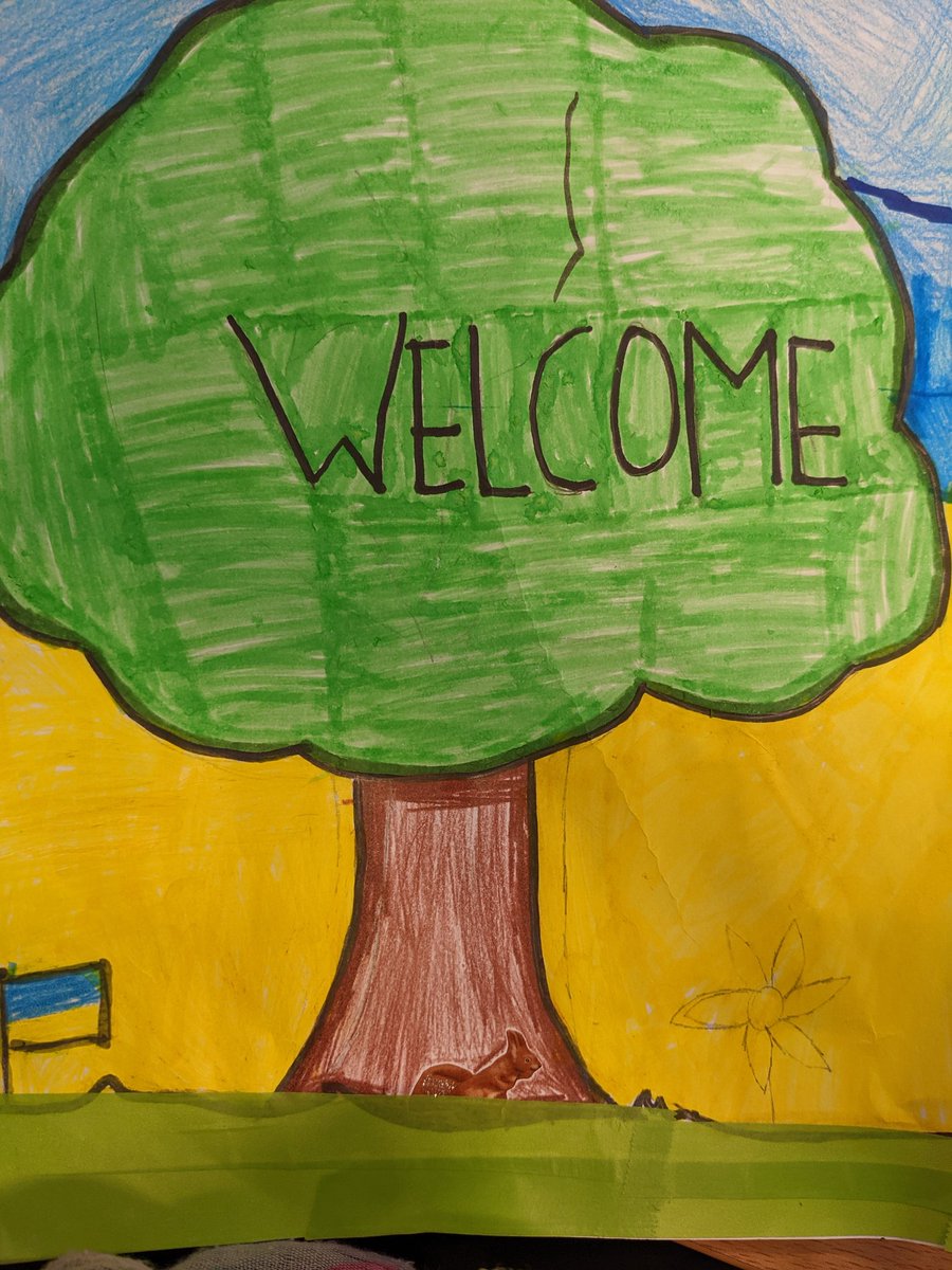 Gnmgreenteam's tweet photo. 5th & 6th class students from #Ukraine appeared in front of the camera & introduced themselves to the school today! 4th class created beautiful art to welcome them. We wished past pupil Áine a safe journey as she delivers medical aid to the Polish/ Ukranian border. #bumbleance https://t.co/EkQvGqcypf