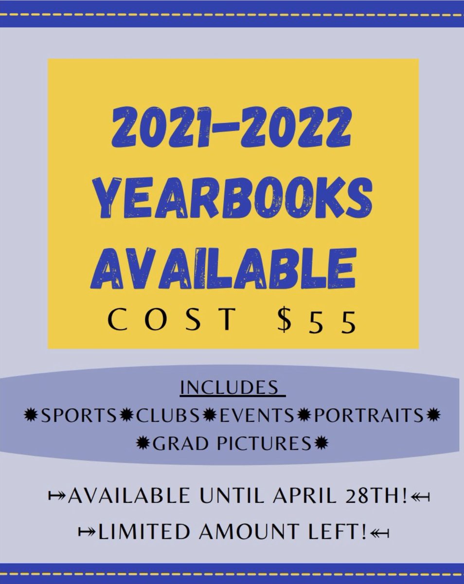 T. Graham (@grahamteach) on Twitter photo Hey <a href="/E_L_Crossley/">ELCrossley_Cyclones</a> did you hear!? You can purchase by visiting school cash online:
Yearbooks are a great keepsake of the history of your 2021/2022 school year. Get yours before they are gone! <a href="/janice_sargeant/">Janice Sargeant</a> #getyoursnow Hey <a href="/E_L_Crossley/">ELCrossley_Cyclones</a> did you hear!? You can purchase by visiting school cash online:
Yearbooks are a great keepsake of the history of your 2021/2022 school year. Get yours before they are gone! <a href="/janice_sargeant/">Janice Sargeant</a> #getyoursnow