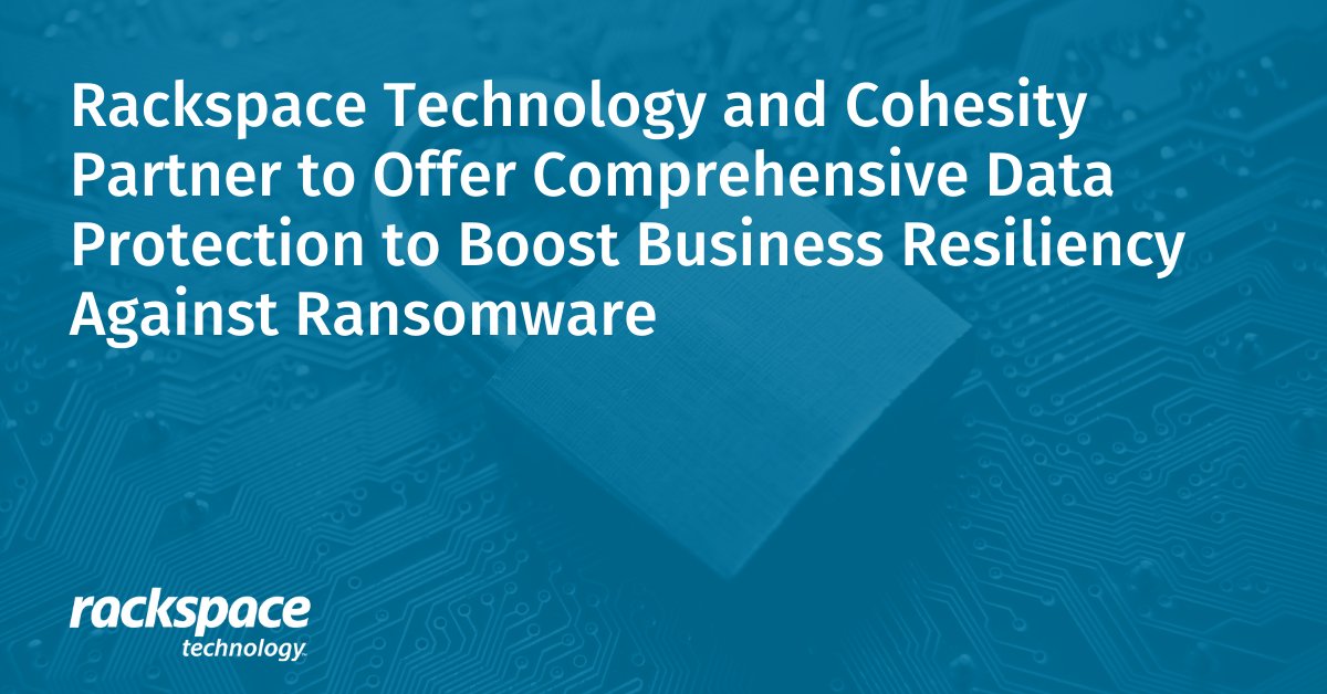 Rackspace's tweet photo. We're excited to announce our strategic partnership with @Cohesity! 🎉

For @VMware-based clouds, a single, simple solution will offer:
• Robust remediation against #ransomware attacks
• Rapid recovery
• Greater #businesscontinuity

Learn more: https://t.co/KQF8rtBEpr https://t.co/njT7hKO3f9