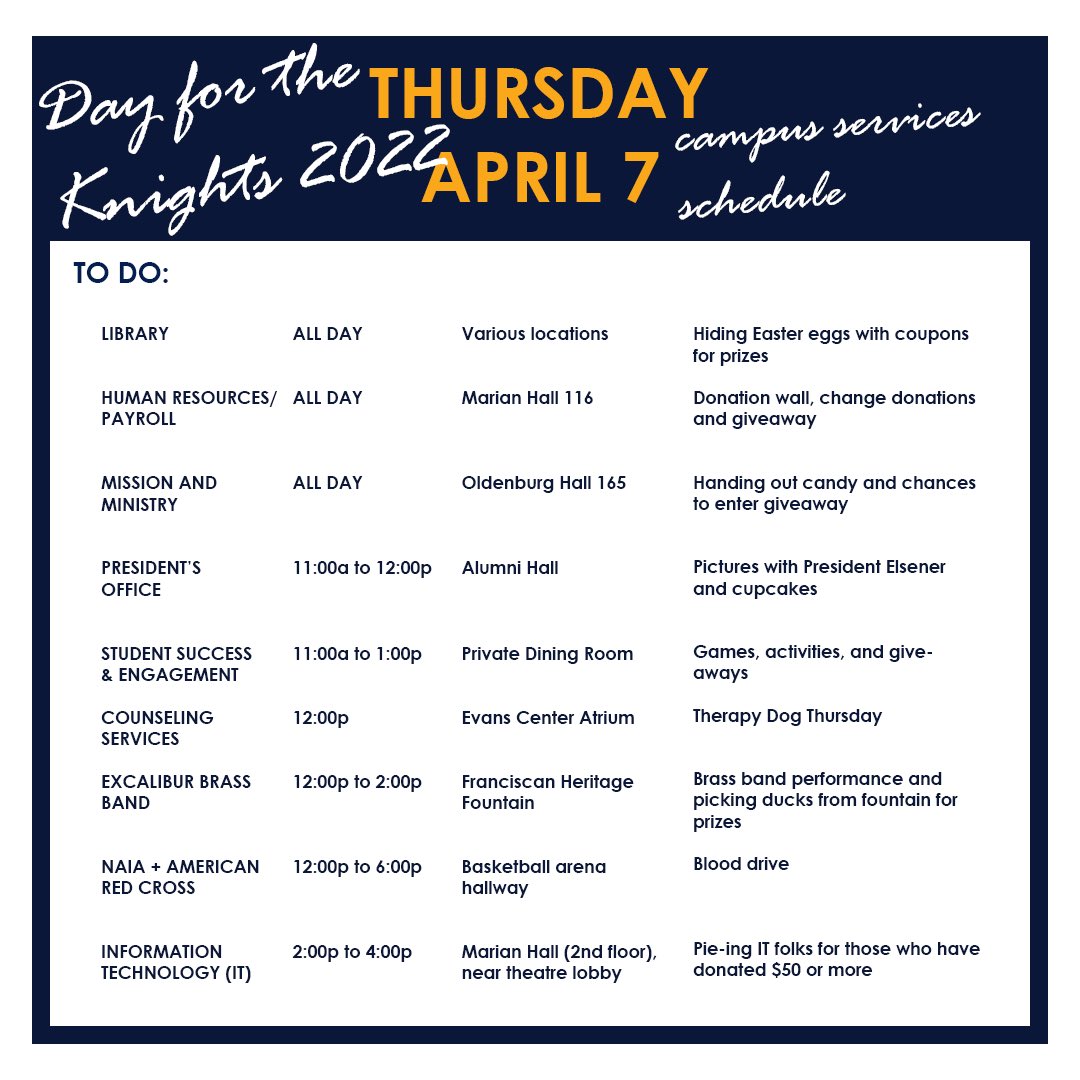 MarianUniv's tweet photo. IT IS HERE!!!! #dayfortheknights2022
Donate at https://t.co/oIReYxtWJM . So many fun events around campus don’t miss them! https://t.co/PR9kyKEN3L