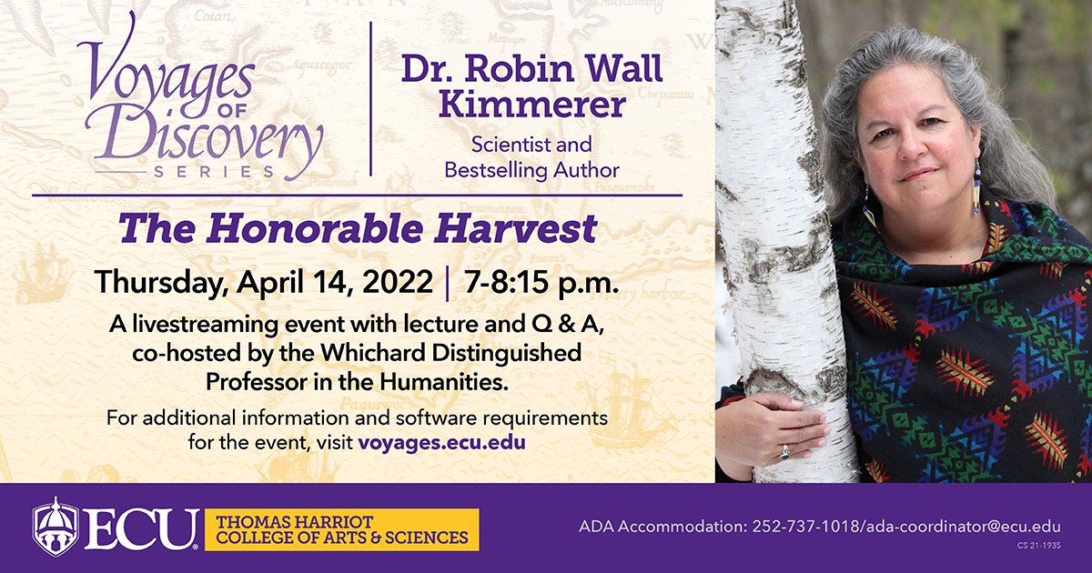 THCAS_Research's tweet photo. 📣 Join @EastCarolina, @ecuhcas, @ECUEnglish, &amp; @EcuGender as we wrap up the 15th season of the Voyages of Discovery Series with a FREE, live-streaming event featuring Dr. Robin Wall Kimmerer❗ 

⏰ 7 PM | 🗓️ April 14

Register in advance ➡️ https://t.co/xBa21CUT8b https://t.co/uNKoDzNmMu