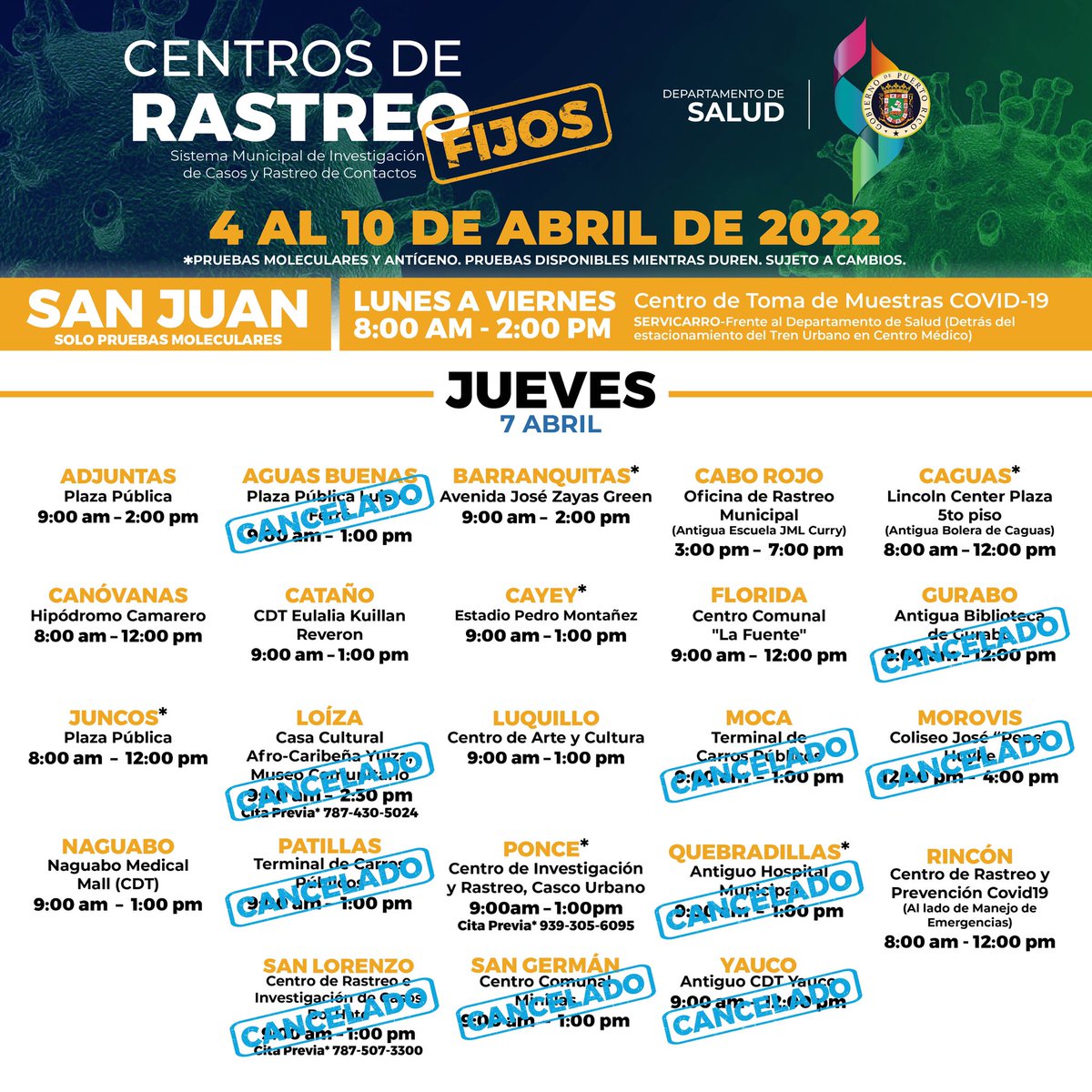 AVISO IMPORTANTE 🚨 | Tras la falla en el sistema eléctrico registrada ayer, conoce los centros de rastreo que estarán ofreciendo servicios de pruebas de detección contra el COVID-19 en el día de hoy. 

#CentrosDeRastreo #PruebasCovid #PuertoRicoSeProtege
