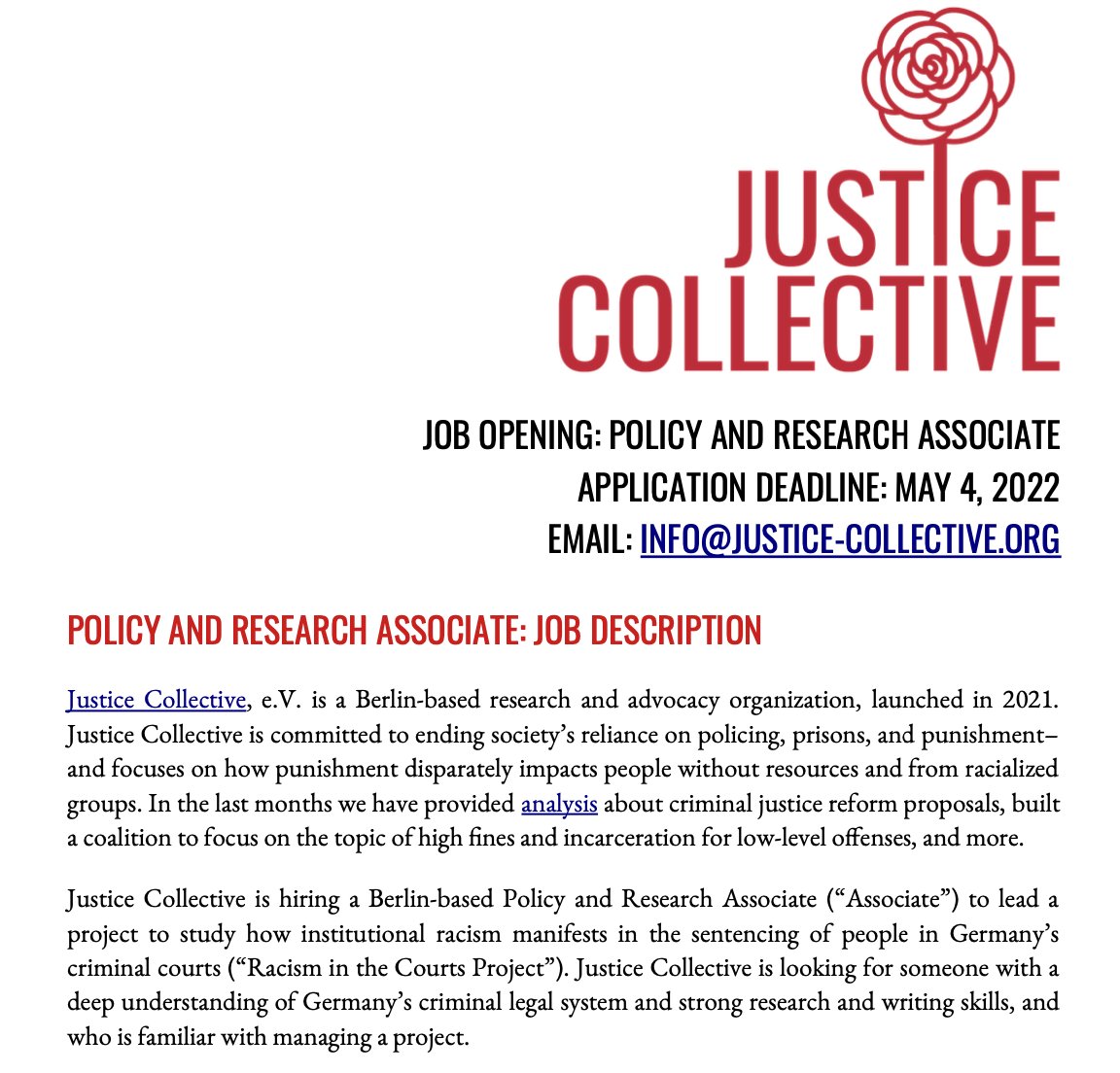 Justice_Berlin's tweet photo. 📢We are hiring!📢 

Join us for a three-year project about how racism in the criminal legal system shapes the experiences and sentences of people in German courts. The project combines research and advocacy. Deadline May 4. Click for info and share!
https://t.co/igwRBgGNi2 https://t.co/TKaZI8flnq