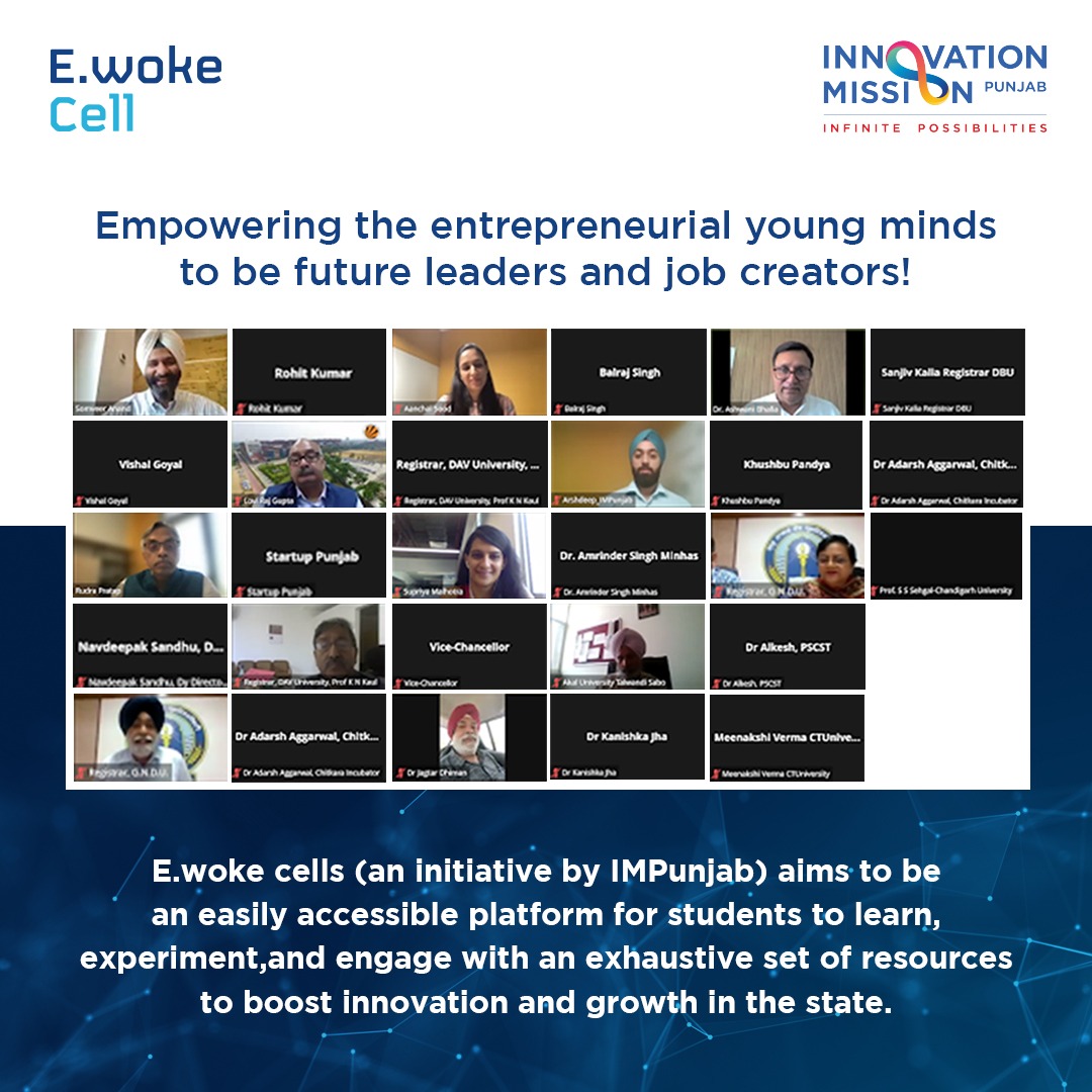 TheIMPunjab's tweet photo. Innovation Mission Punjab, with the Principal Secretary (Higher Education & Languages) and Key Govt Officials, met with Vice-chancellors of all public & private universities in Punjab to launch the E-woke cells to enhance the entrepreneurial spirit among students
#Ewoke #Ecell https://t.co/ZlU8vWe76b