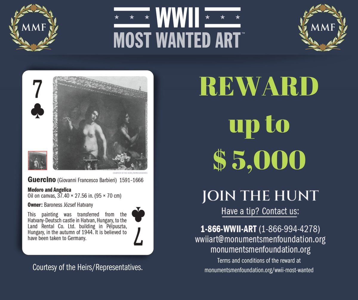 MonumentsMWfnd's tweet photo. #WWIIMostWantedArt - Giovanni Francesco Barbieri, called Guercino (1591-1666) | Medoro and Angelica | Oil on canvas, 37.40 x 27.56 in. (95 x 70 cm) | Cash Reward up to $5,000.
.
Learn more at https://t.co/xAzT7lyyth
.
#MostWanted #CashReward #Guercini #Hatvan #Hungary https://t.co/WO4M7nDy0T
