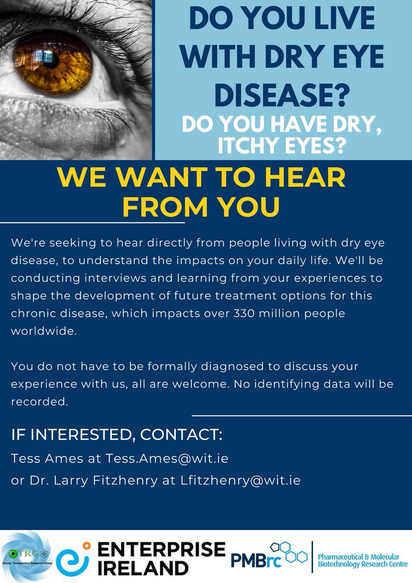 orbital (@orbital_itn) on Twitter photo @OTRG_PMBRC project, OcuHealth, is #SeekingParticipants for surveys & interviews to understand the daily impact of living with #DryEyeDisease.
If you have dry itchy eyes, or a feeling of "sand in the eye", they want to hear from you!
#PPI @WIT_Research <a href="/Entirl/">Enterprise Ireland</a> <a href="/IT_DED3_Project/">IT-DED³ Project</a> @OTRG_PMBRC project, OcuHealth, is #SeekingParticipants for surveys & interviews to understand the daily impact of living with #DryEyeDisease.
If you have dry itchy eyes, or a feeling of "sand in the eye", they want to hear from you!
#PPI @WIT_Research <a href="/Entirl/">Enterprise Ireland</a> <a href="/IT_DED3_Project/">IT-DED³ Project</a>