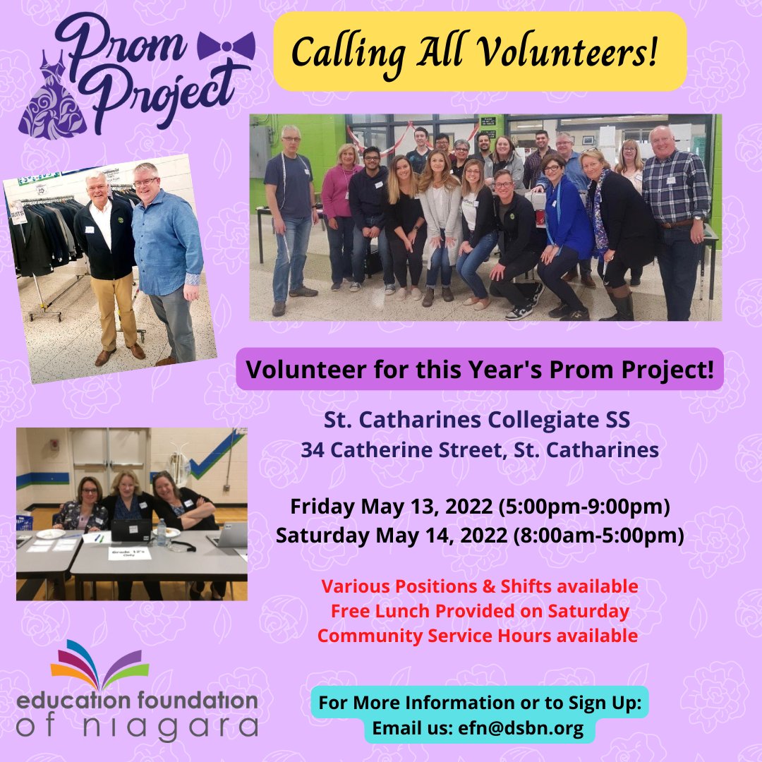 efnniagara's tweet photo. Calling all Volunteers !
Looking for a way to give back to your local community?

Why not consider volunteering for Prom Project… our FUN one day Shopping Extravaganza at St. Catharines Collegiate!! Various positions available!

@PromNiagara 
#promproject2022 https://t.co/QsRt4f6bm2