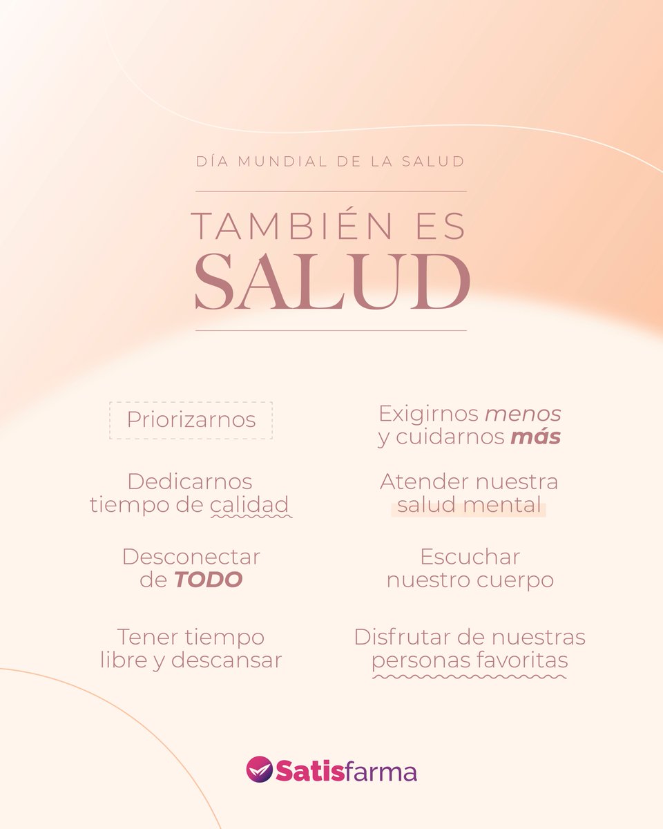Satisfarma's tweet photo. 💜 Hoy es el DM de la salud y queremos recordar que la salud va mucho más allá de comer sano y practicar deporte. No existe una fórmula mágica para cuidar de ella, únicamente podemos escuchar las señales de nuestro cuerpo y adaptarnos a sus necesidades. ✨ #Diamundialdelasalud https://t.co/7QYtmuAvpD