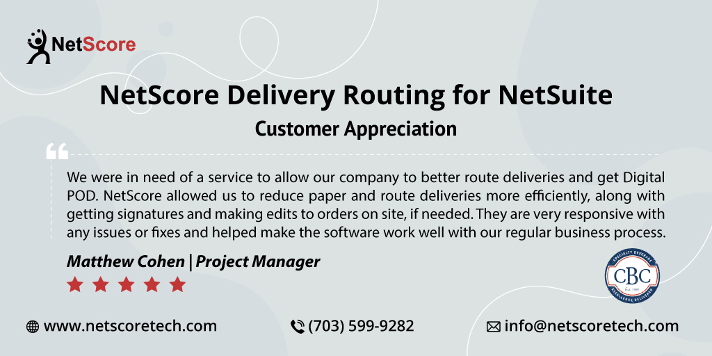 NetScoreTech's tweet image. Thank you, CBC Specialty Beverage, so humbled to receive these client reviews! Check out here NetScore Customer Appreciation for NetScore #DeliveryRouting for #NetSuite by Matthew Cohen, Project Manager.
More information at: bit.ly/3jcV5Ll
#CBC #customerreviews