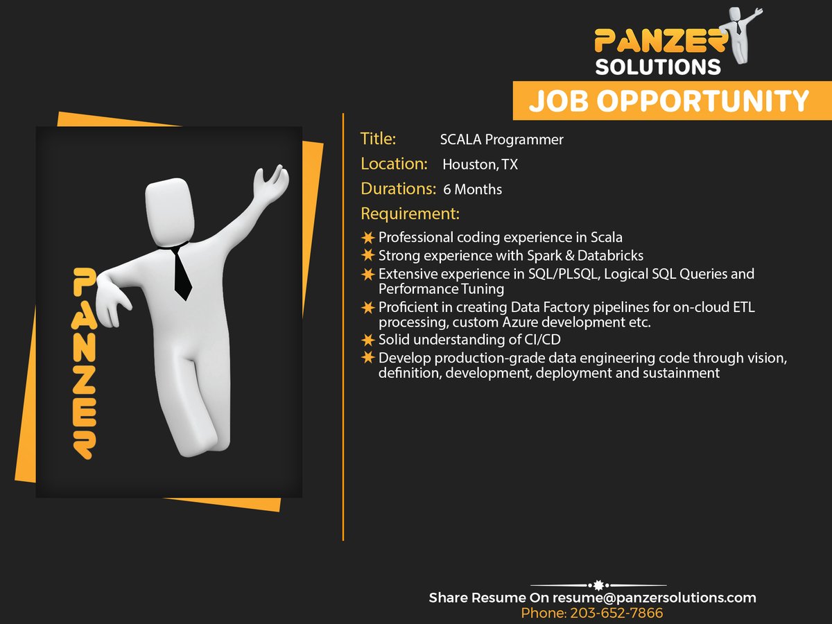 panzersolution's tweet image. Job Title: SCALA Programmer
Location: Houston, TX
Duration: 6 Months
Share resumes on resume@panzersolutions.com
Or for more info click on the below link
Click Here: panzersolutions.com
#PanzerSolutions #scalaprogrammer #scala #programmer  #latestjob #jobs #houston #Texas