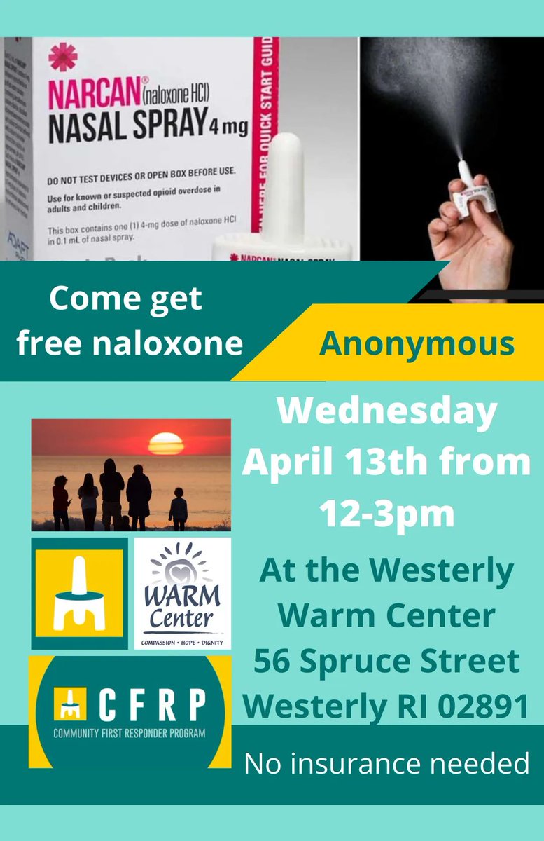 URICFRP's tweet photo. URI CFRP will be at the Westerly WARM Center on Wednesday April 13th to distribute free naloxone nasal spray from 12-3pm.  No insurance or ID required.  https://t.co/49TjOQM4mc https://t.co/s22jenerLl