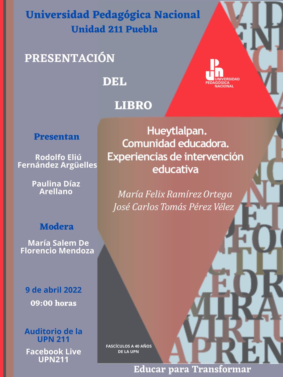 upn211's tweet photo. Presentación del libro
Hueytlalpan comunidad educadora. Experiencias de Intervención Educativa (UPN, 2021).
Proyecto Igualdad de género en la comunidad de Hueytlapan, Puebla, México (Académica Española, 2020). https://t.co/O3NK57gDZA