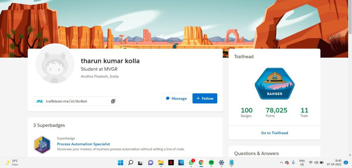 Tharunkumar916's tweet photo. Reached top of the peak #Ranger in @trailhead. Achieved this milestone today 🥳. 
@salesforce @Bhanz19 @kavindrapatel @RenitaSFerreira @satyagoluguri https://t.co/AQsI4fhXzi