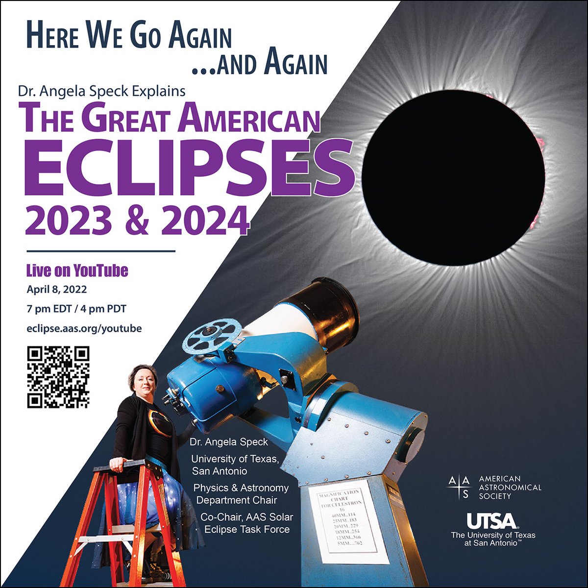 RickFienberg's tweet photo. The Americas will soon have back-to-back solar eclipses! Join Dr. Angela Speck (@UTSA &amp; @AAS_Eclipse) for “The Great American Eclipses of 2023 &amp; 2024” live on YouTube, Friday, April 8th, at 7 pm EDT / 4 pm PDT (https://t.co/JQkITKHm9g). https://t.co/MaCXGjfieo