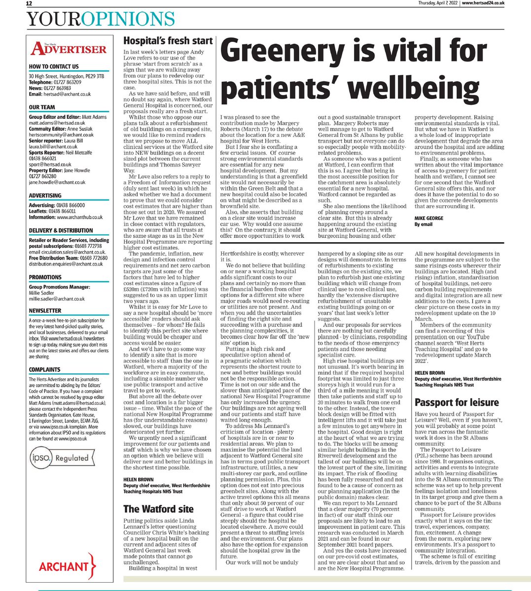 VanessaStAlbans's tweet image. Deputy Chief Executive #WestHertsHospital sees it necessary to defend their decision on #Watford not once but twice in local newspaper. #backfoot ? Thankfully another letter recognising the overwhelming evidence of the healing elements of green spaces.