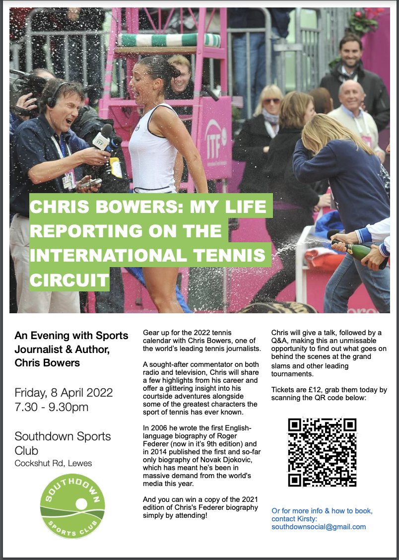 Southdownsport's tweet photo. Last chance to buy tickets for the very entertaining and insightful talk by Chris Bowers about life on the professional tennis circuit. Contact reception on 01273 480630 to buy your ticket now.  Don't miss out. https://t.co/vlRdUIHfVP