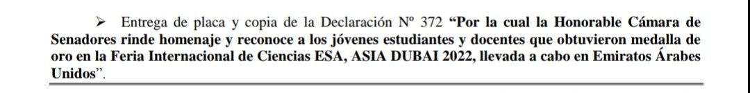 SenadoresPy's tweet photo. Estadio de Homenajes, “Por la cual la Cámara de Senadores rinde homenaje y reconoce a los jóvenes estudiantes y docentes que obtuvieron medalla de oro en la Feria Internacional de Ciencias ESA, ASIA DUBAI 2022, llevada a cabo en Emiratos Árabes
Unidos” https://t.co/y47ZHrNt0s