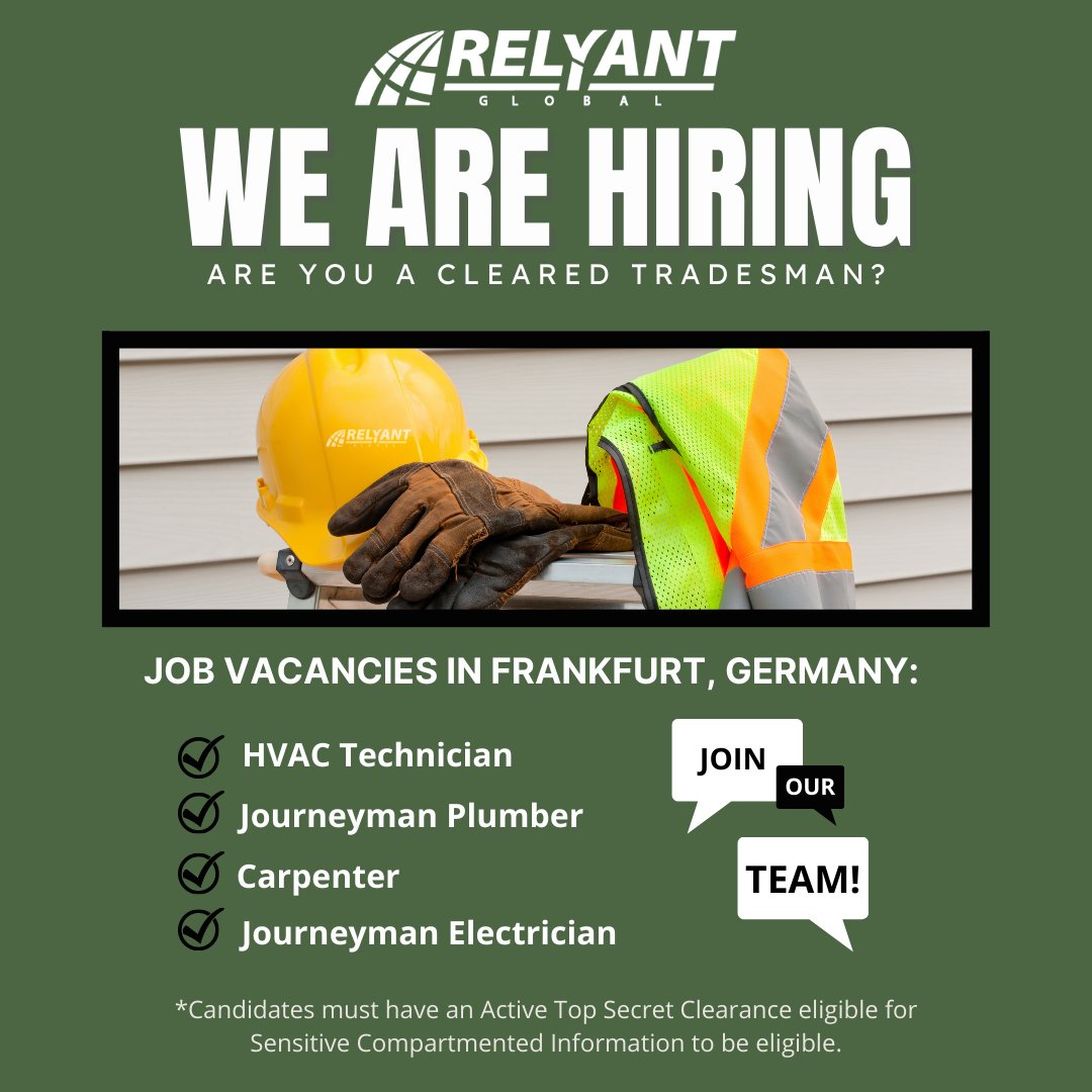 We are currently looking for Top Secret Cleared Tradesmen to work in Frankfurt, Germany. For more information and to apply visit: relyantglobal.isolvedhire.com/jobs/ today! 

#clearedjobs #tradesman #electrician #hvactech #plumber #carpenter #hiringveterans #gorelyant