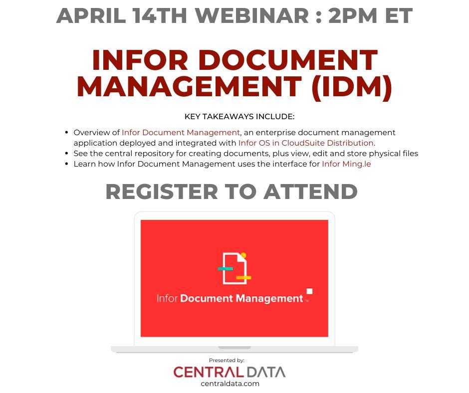CentralDataNews's tweet photo. Interested in learning more about Document Management? 📄

Join Central Data on April 14th for an overview and demonstration of Infor Document Management (IDM) 🖨

Register to attend: 
https://t.co/3PRAAaNJtx

#infor #cloudsuite #documentmanagement https://t.co/kfOfQevmZU