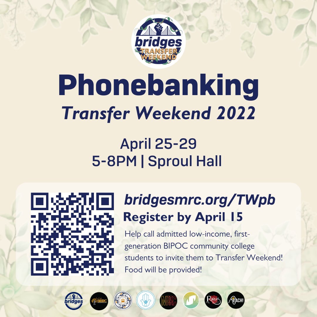 bridgesmrc's tweet photo. Phonebank for Transfer Weekend📞Link in bio!

Registering is necessary to phonebank any day, so even if you can phone bank 1 day, please register! 

#wearebridges #studentsofcolor #studentleaders #highered #BIPOC #Cal #berkeleypov #communitybuilding #transferstudent https://t.co/uzAwGMFm5c